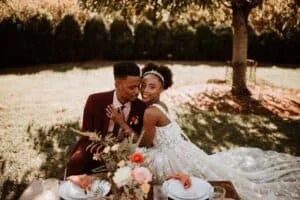 Bride and Groom Celebrating Wedding Ceremony with Guests